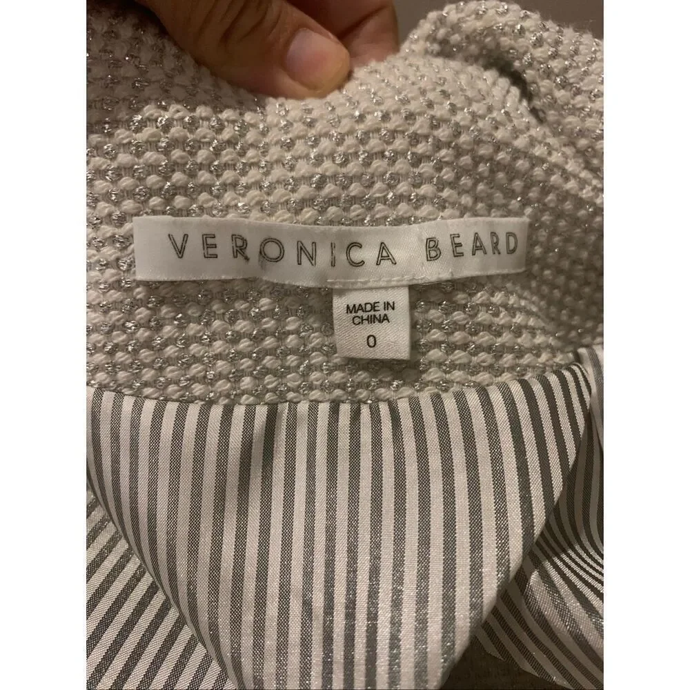 Veronica Beard Carroll Tweed Blazer Jacket Size 0 White Silver Fringe Trim - Picture 10 of 12